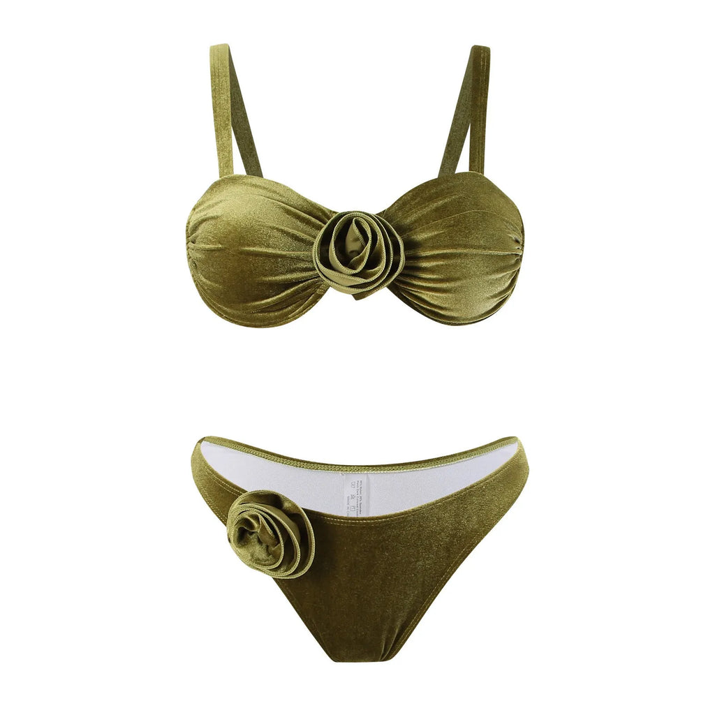 Women's green floral print swimsuit with briefs style and high elasticity design