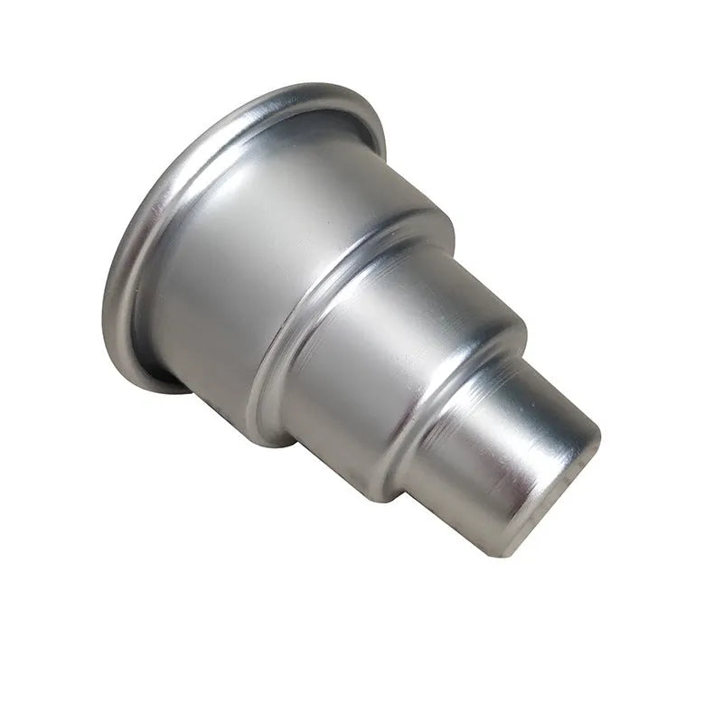 Silver aluminium alloy mini three-layer cake mould for fondant, shown in large, medium, and small sizes.