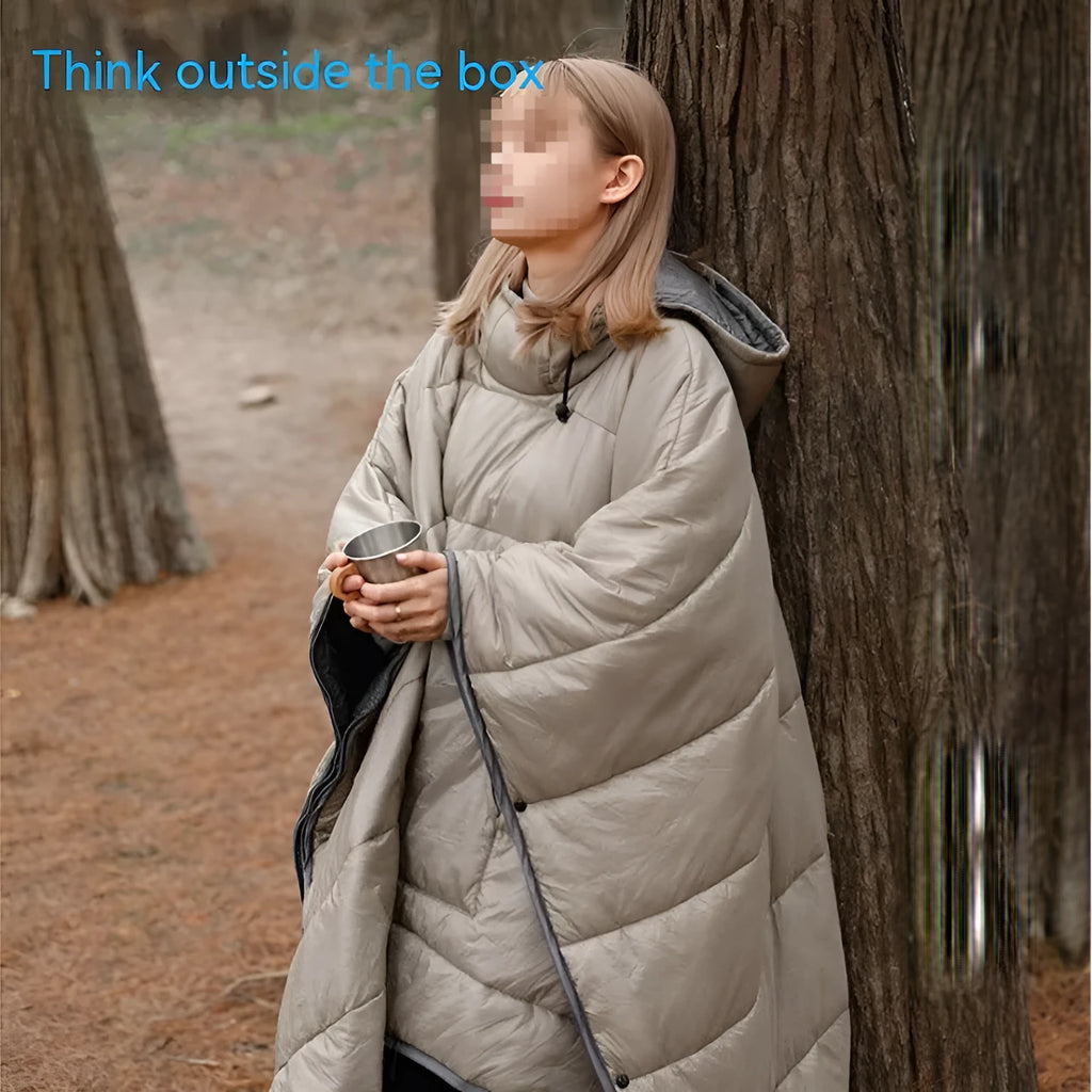 Grey adult wearable outdoor cloak sleeping bag laid flat showing 200cm length