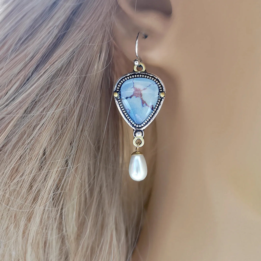 Retro blue geometric drop earrings with synthetic opal and pearl on metal.