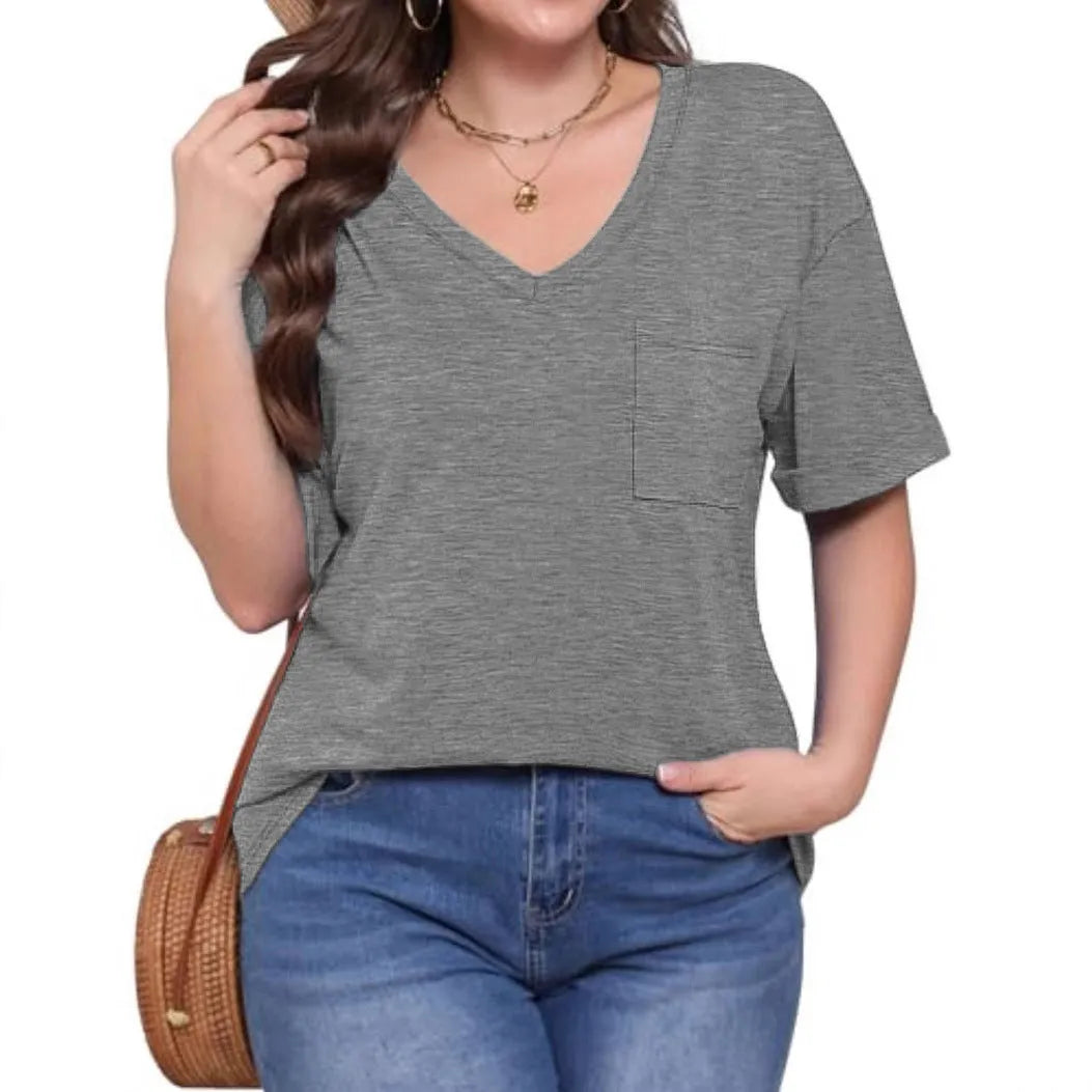 Grey loose fit V-neck T-shirt with front chest pocket, short sleeves, Japanese Korean casual style