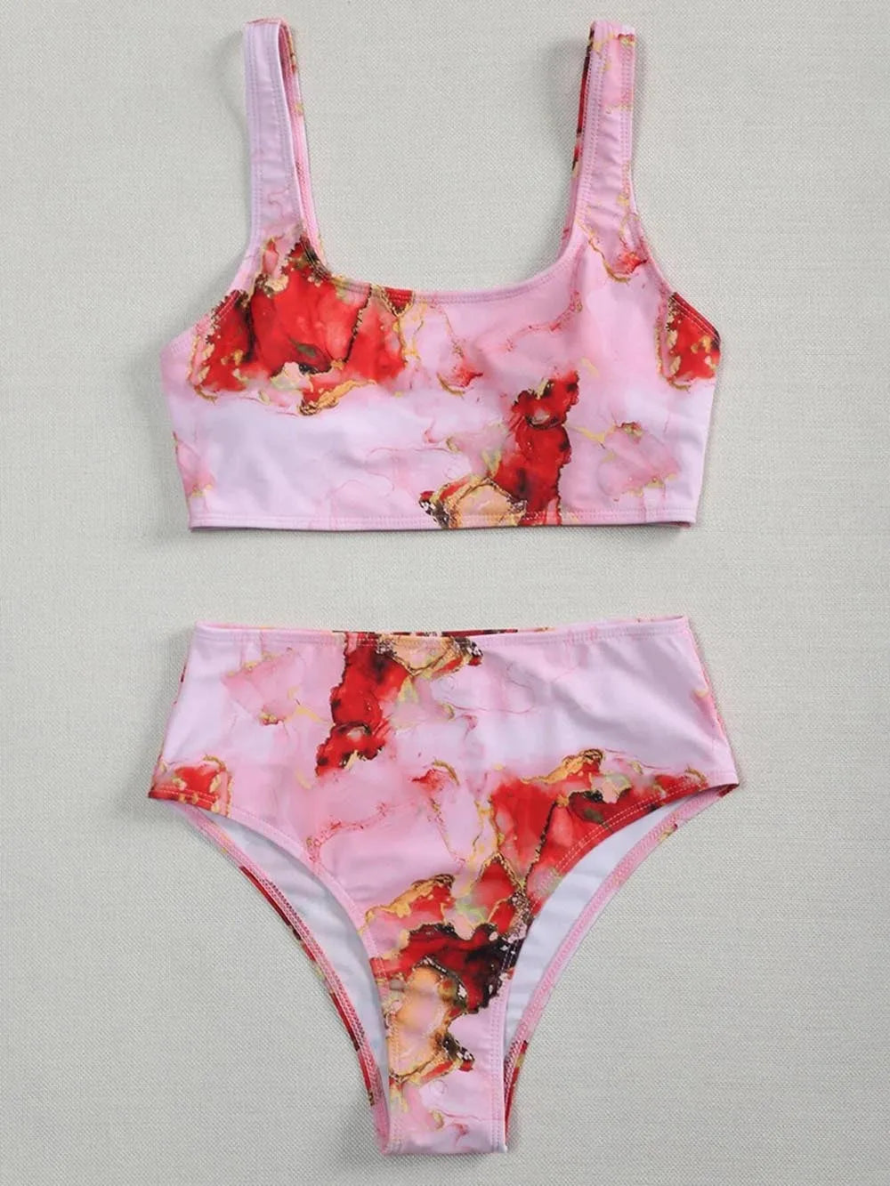 Marble tie-dye print women's high waist bikini set with U-neck design