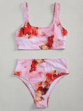 Marble tie-dye print women's high waist bikini set with U-neck design