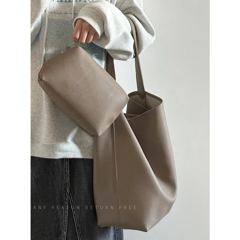 Large capacity PU bucket shoulder tote bag in grey or black, 25cm wide, 35cm high, 15cm thick, with file bag interior and sewing thread detail