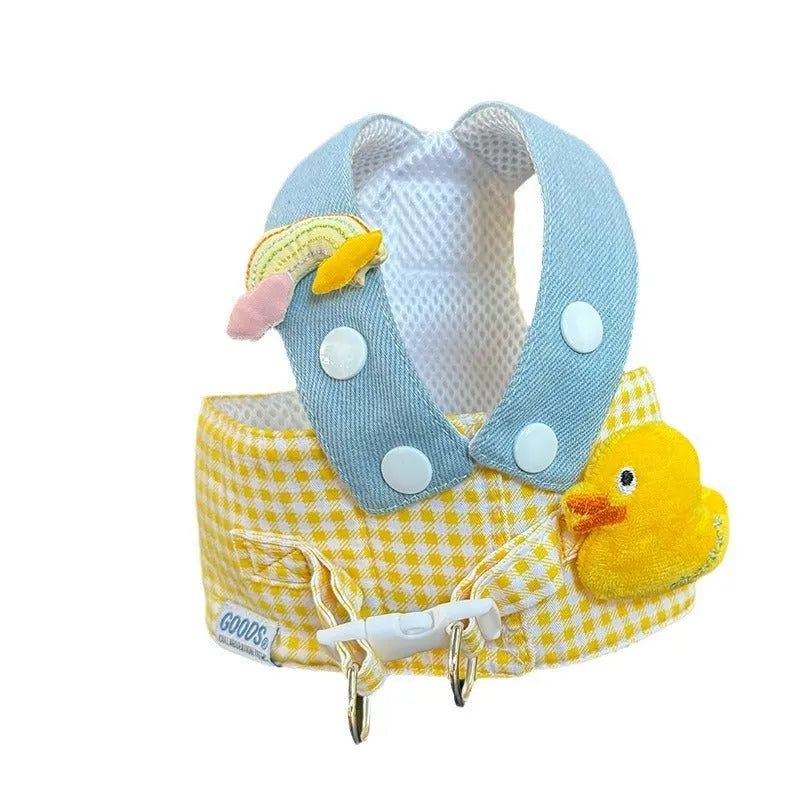 Pet harness and leash set with three-piece summer clothing, a cute hat, and a wire rope pulling toy for dogs and cats.