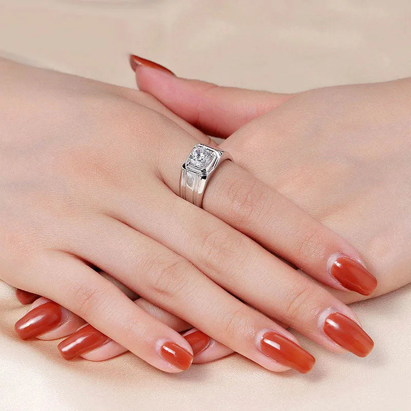 Sterling silver gold-plated ring with circular mosaic-style stone, insert drill setting, sizes 16-26, high carbon or Mo SangShi.