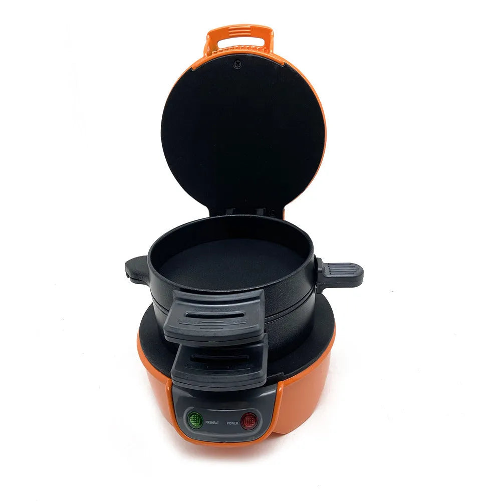 Bright red multifunction breakfast machine with sandwich press and egg cooker ring on baking tray