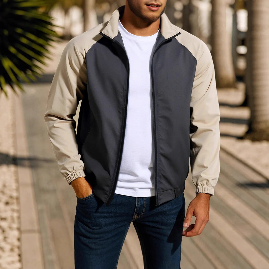 Men's casual jacket with stand collar and contrast colour panels in red, khaki and green, loose fit