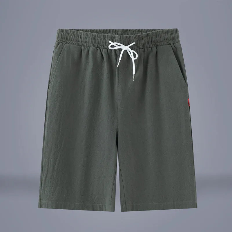 Chinese style solid colour cotton linen cropped pants with a drawstring waist, shown in Army Green.