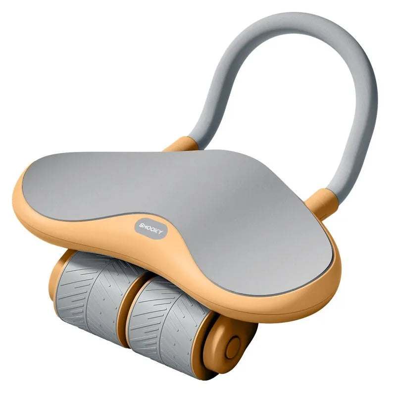 Black three-wheel abdominal exercise wheel with automatic rebound mechanism beside orange kneepad