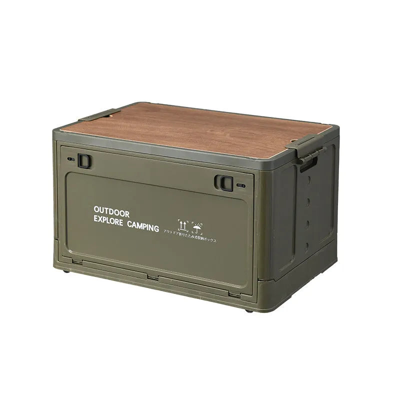 Green plastic storage box with wooden lid showing foldable design for household organisation