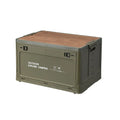 Green plastic storage box with wooden lid showing foldable design for household organisation