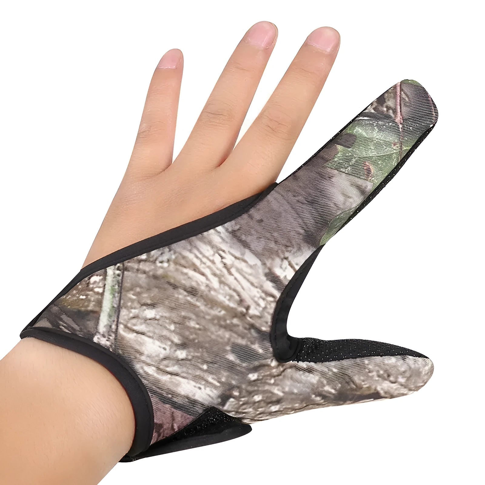 Single two-finger fishing glove with diving cloth back and microfiber palm in blue camouflage pattern