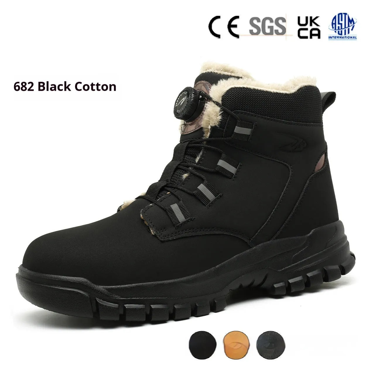 Leather upper labour protection shoes with rubber sole in black, shown on a size chart.