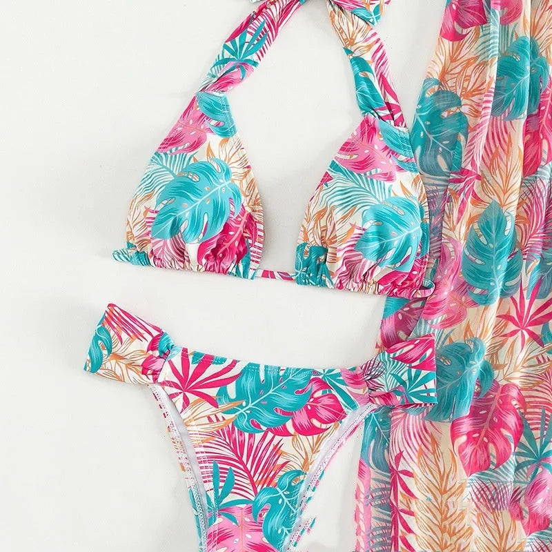 Women's three-piece floral swimsuit set with polyester bikini and printed mesh beach skirt with split