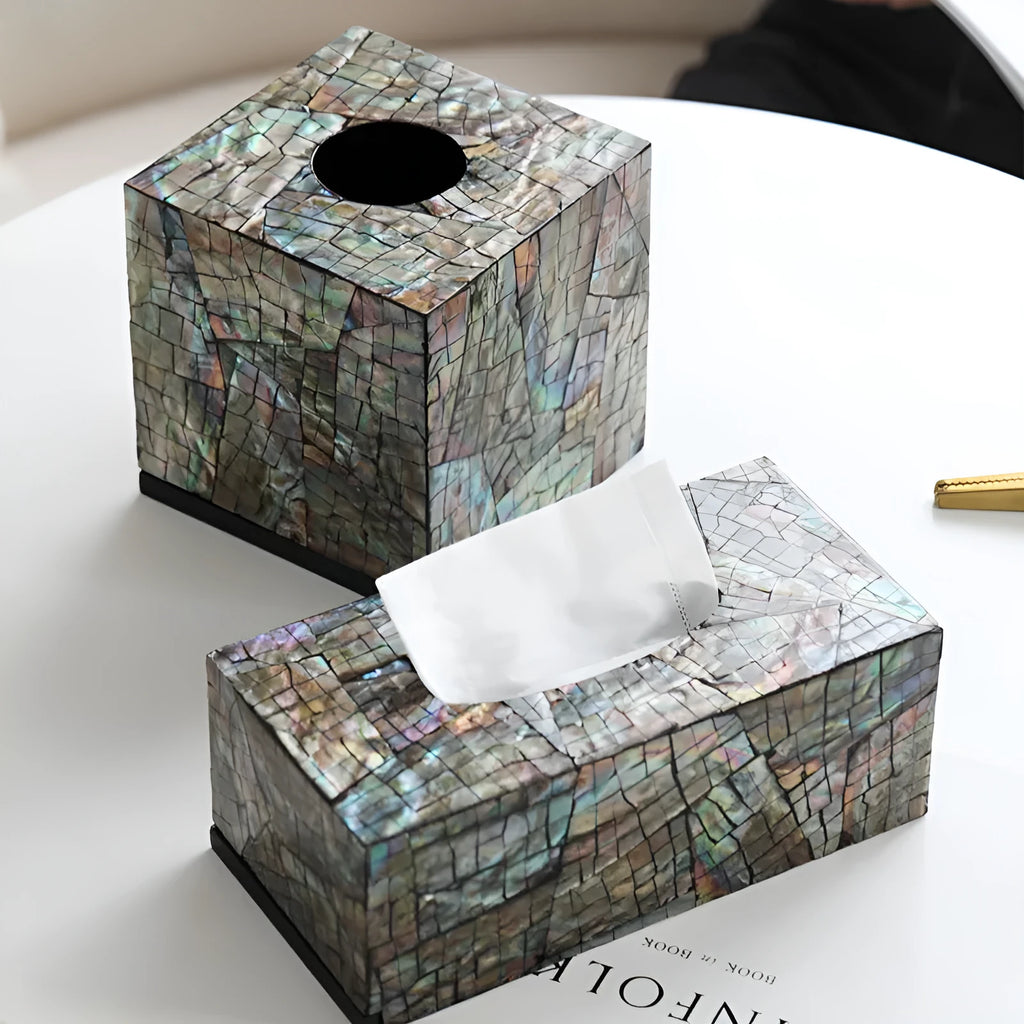 Black natural shell storage box with removable divider, shown in rectangular and square shape options.