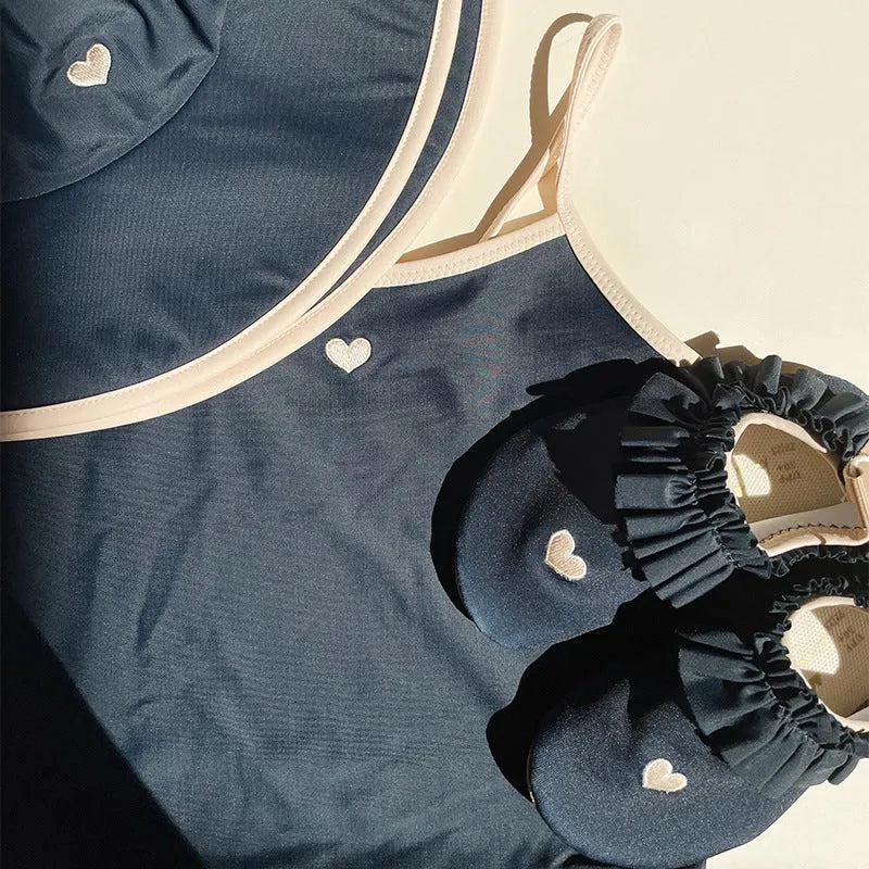 Girls' dark blue split swimsuit briefs style for ages 1-6 years with high elasticity polyester and Lycra fabric