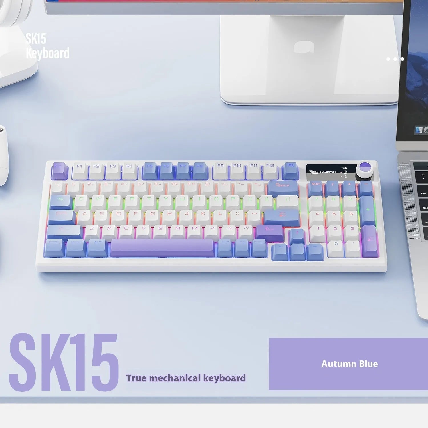SK15 wired mechanical keyboard for gaming laptops in black, orange, or blue with mixed light green switches