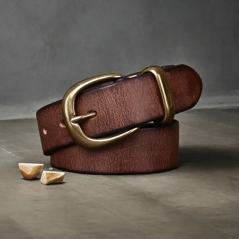Men's casual leather belt in cattlehide with copper buckle shown in black, brown, and khaki colours