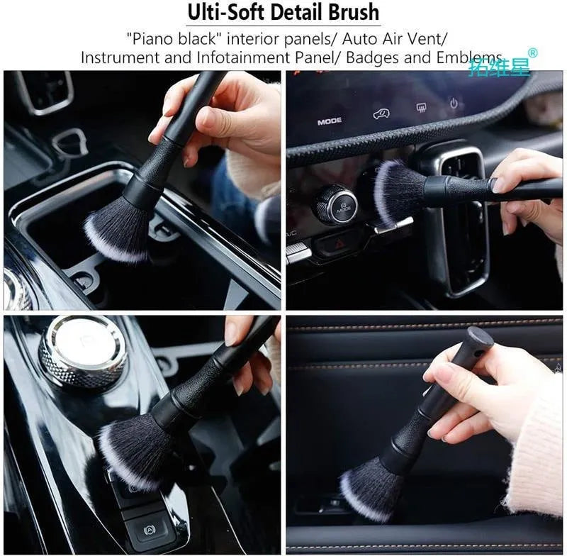 Black car detailing brush with ultra-soft pig hair bristles and a PP plastic handle.