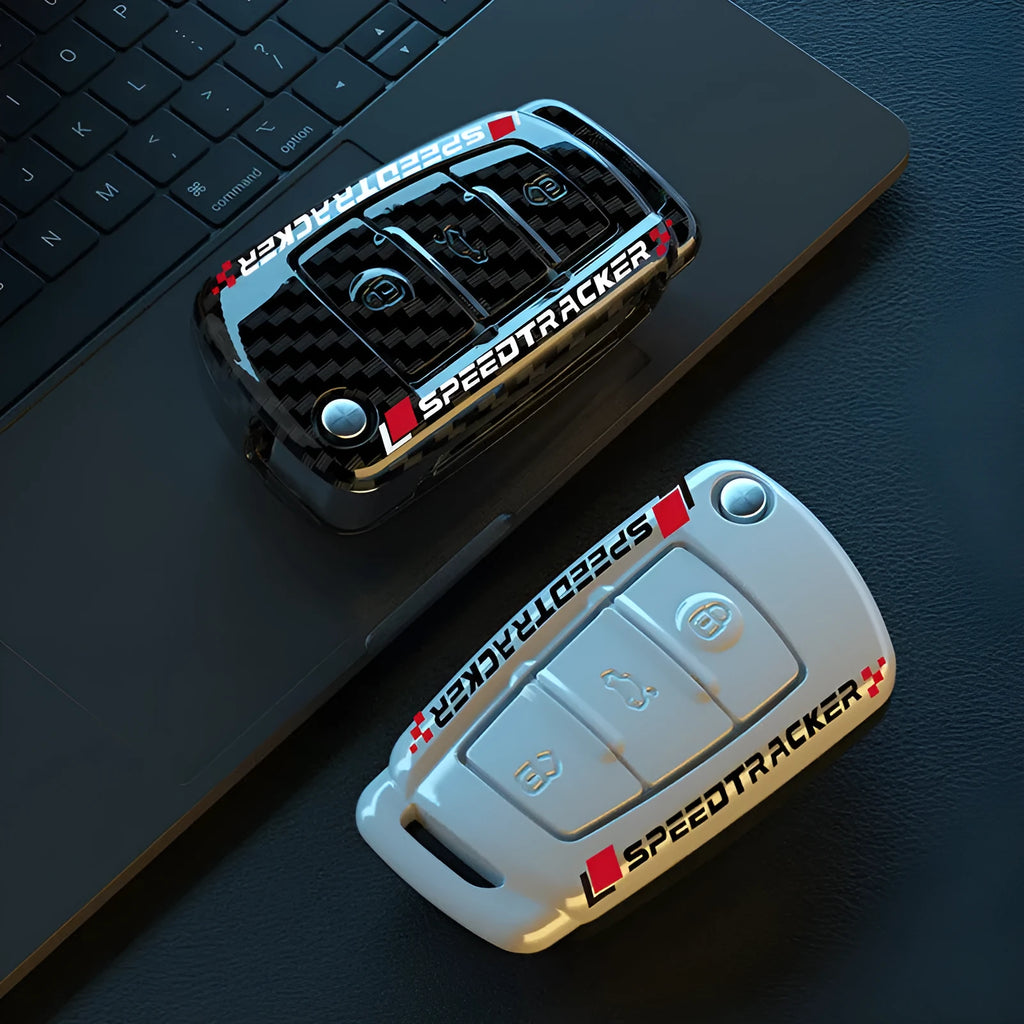 White car key cover body with carbon fibre style pattern and mirror finish made of feilin material