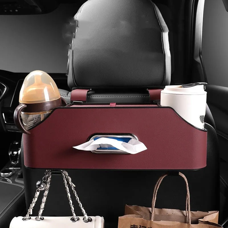 Genuine leather car tissue box and cup holder mounted on car seat back