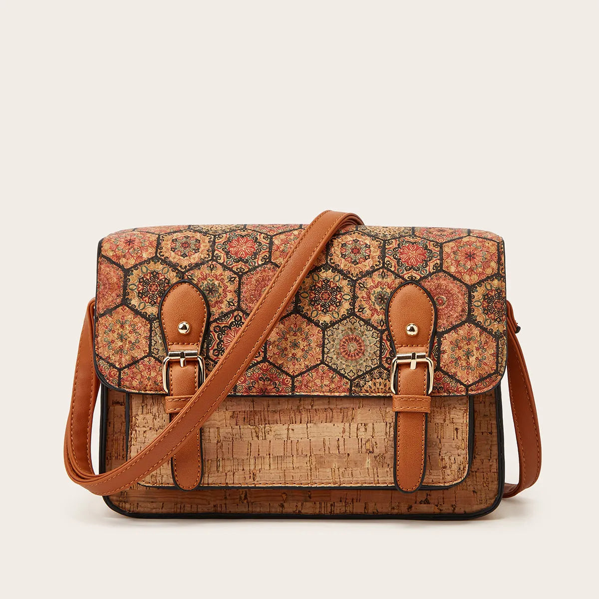 Women's printed PU shoulder bag with adjustable strap shown in four colour variations