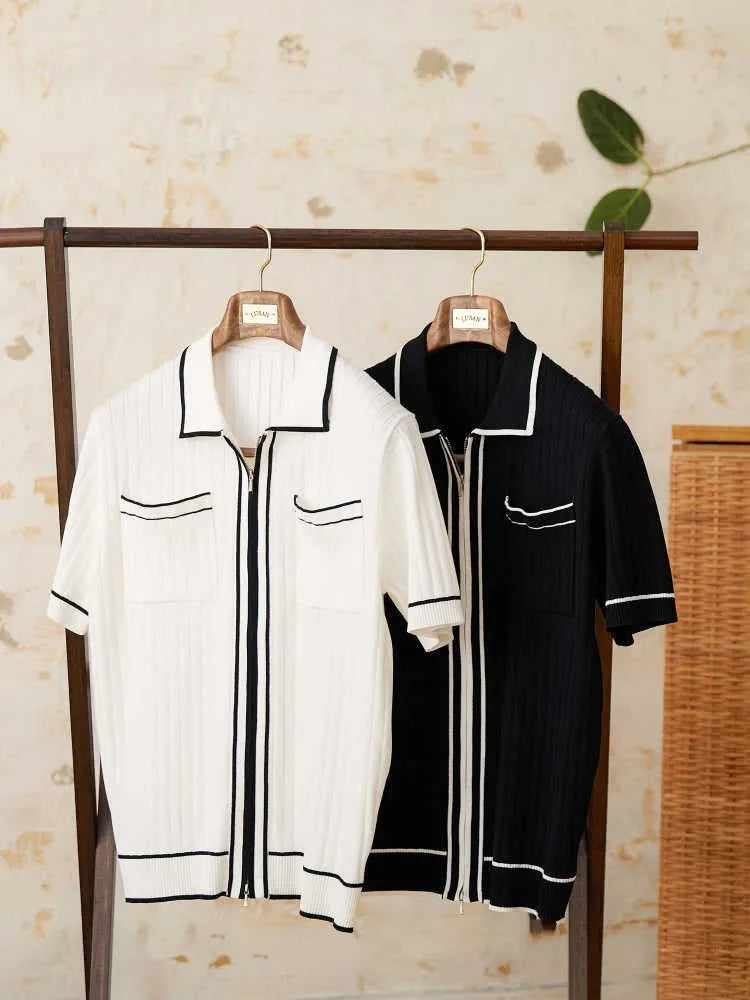 Slim-fit black lapel short-sleeved polo shirt on a hanger, showing collar detail.