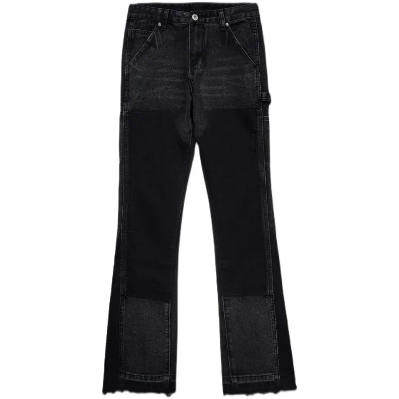 Black micro flared patchwork jeans with raw edge seams and loose straight tube leg, sizes S to 2XL