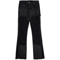 Black micro flared patchwork jeans with raw edge seams and loose straight tube leg, sizes S to 2XL