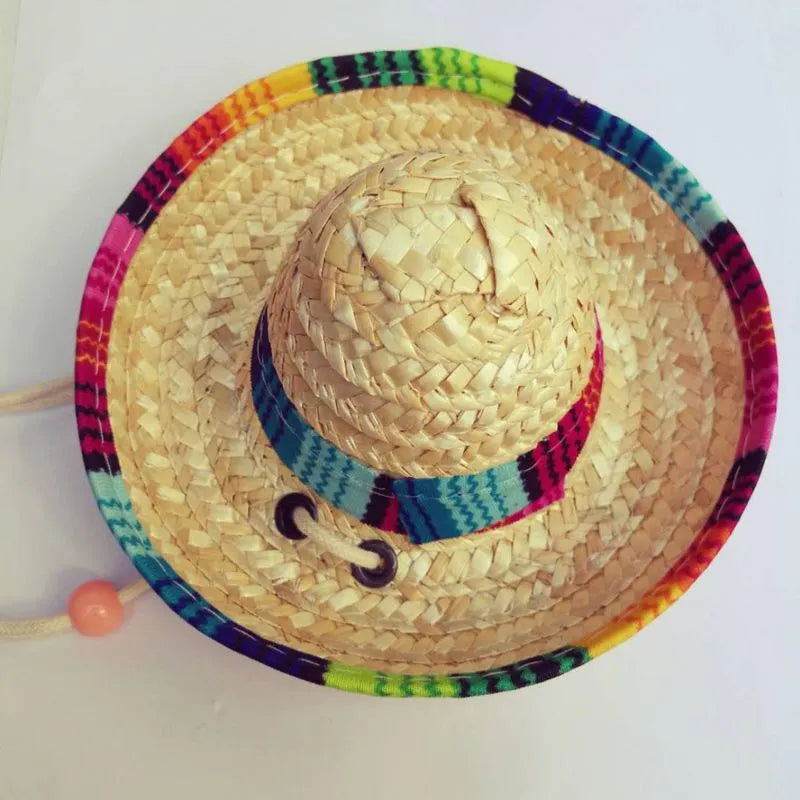 Mini straw woven pet hat for dogs and cats, Mexican-style pattern, one size 16 cm diameter, photo colour.