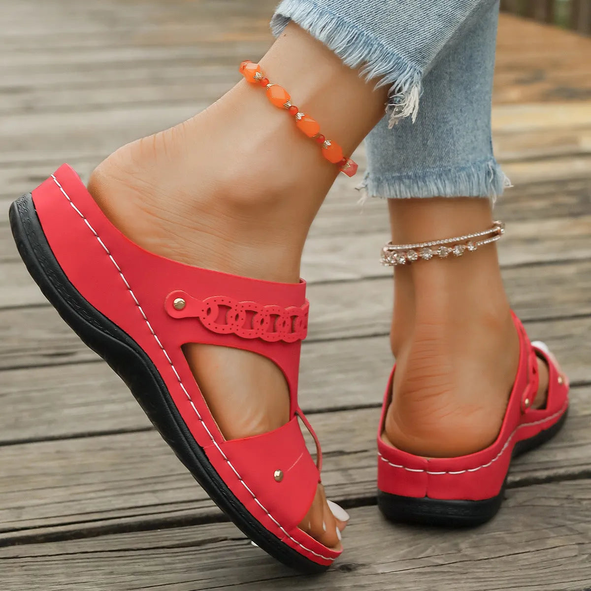 Slope heel Roman sandal slippers with fish mouth toe in blue, showing PU upper and rubber sole.