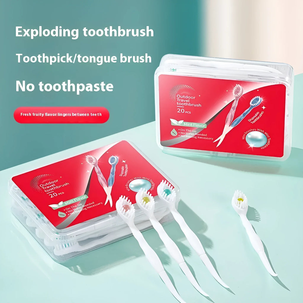 Box of 20 disposable bead toothbrushes with pre-pasted heads for travel and convenience