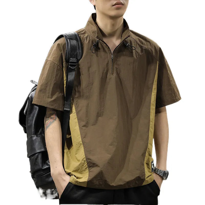 Brown men's casual short sleeve t-shirt with a half-zip stand collar, made from ice silk fabric.
