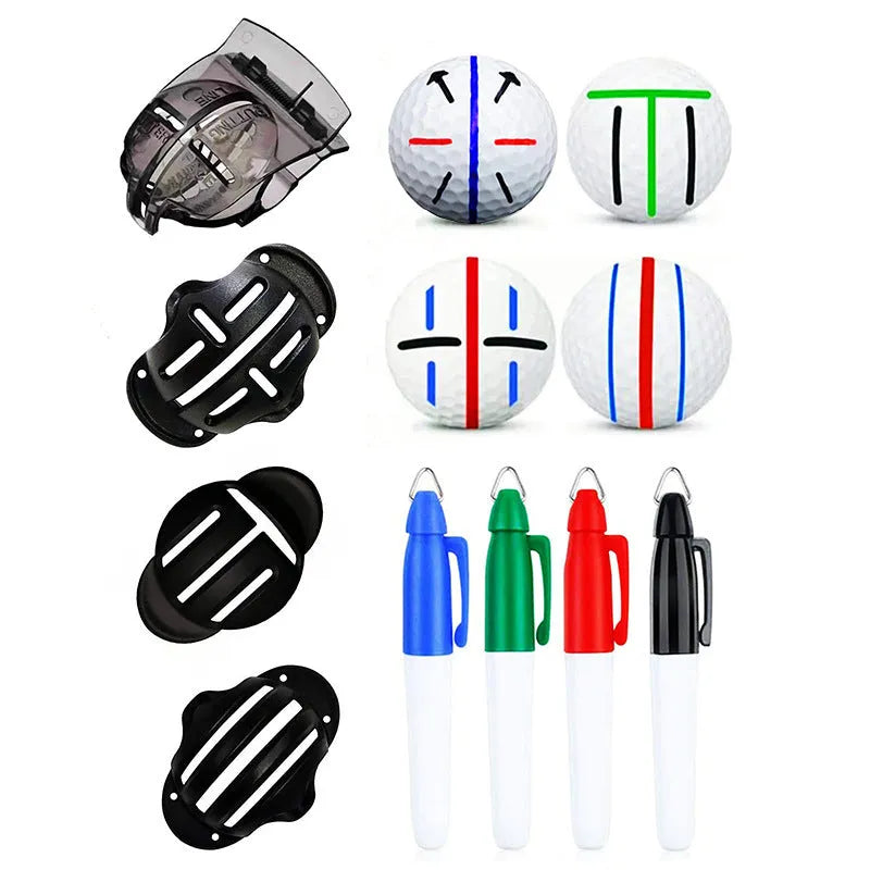 Plastic golf scriber putter alignment tool set with marking pens on a green background.