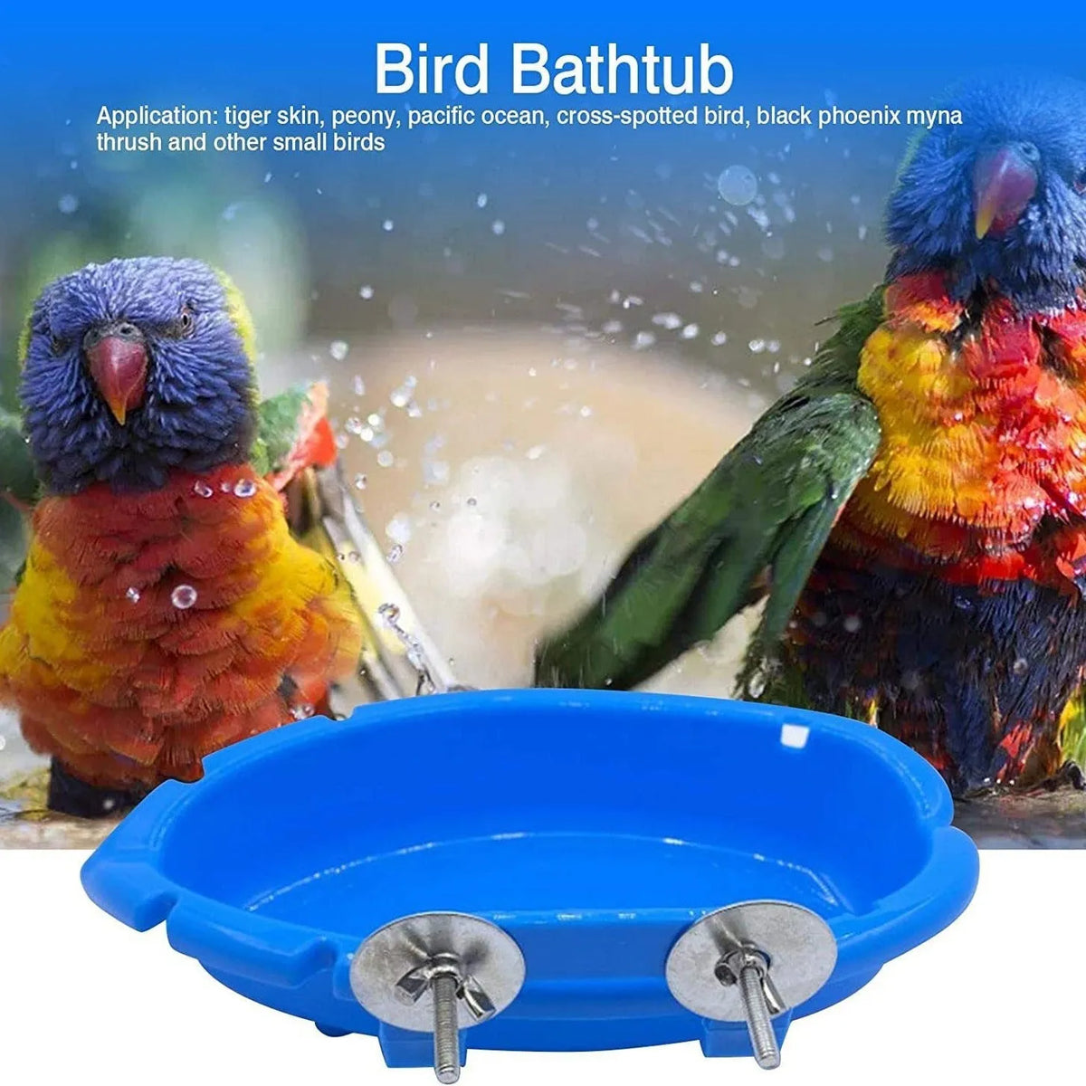 Multifunctional plastic bird bath and feeder box for birds, shown with optional rattan balls or plastic balls.
