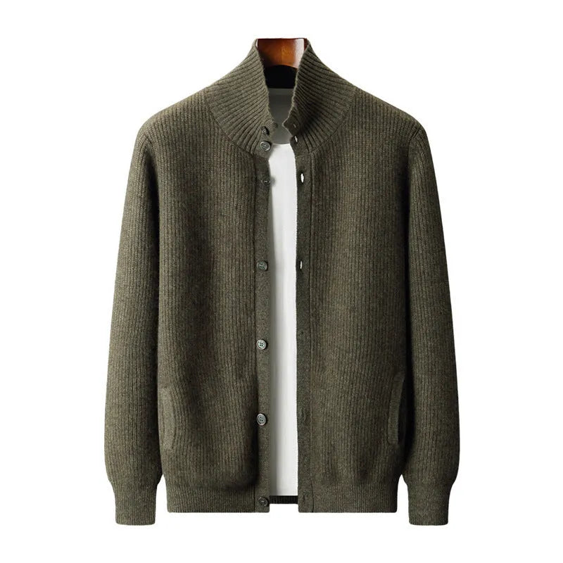 Men's loose fit stand collar cardigan in solid olive green, thickened knit daily outerwear