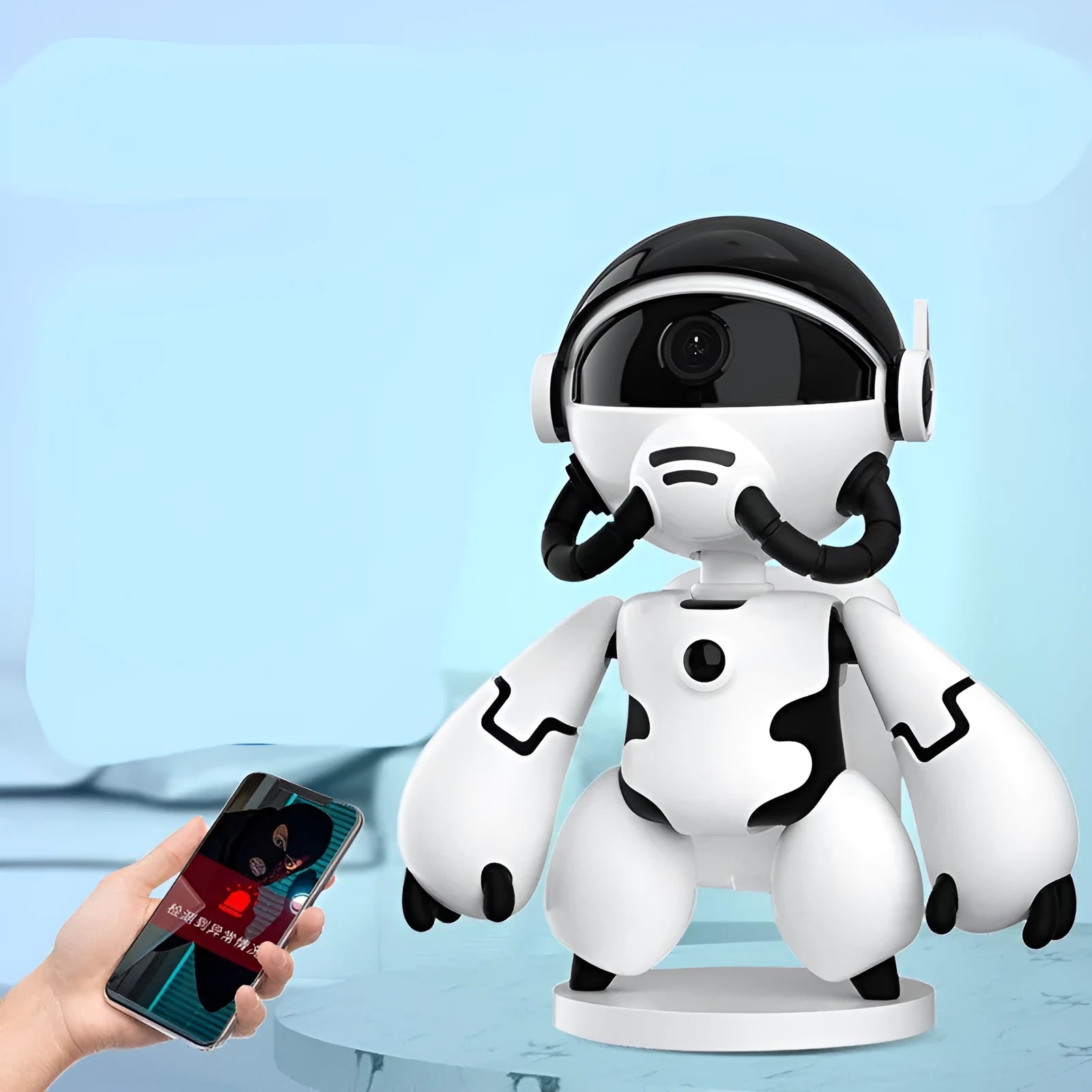 White or black compact home security camera on a detachable base, showing 1080P HD and battery operation.