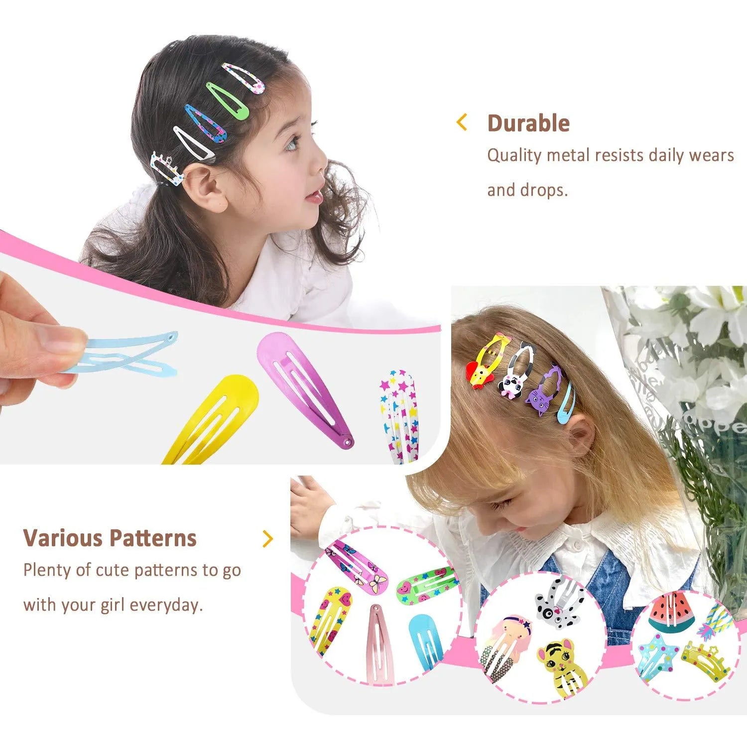 Assortment of 100 metal snap hair clips in candy colours including animal, fruit, crown and star shapes.