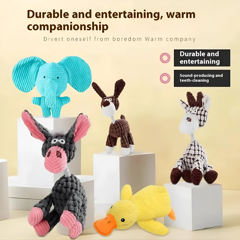 Bite-resistant plush dog toy in styles like blue elephant, rechargeable duck, and donkey.