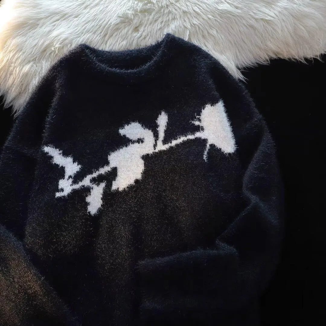American dark rose flocking horse sweater for men, long sleeve cotton-polyester pullover in Black