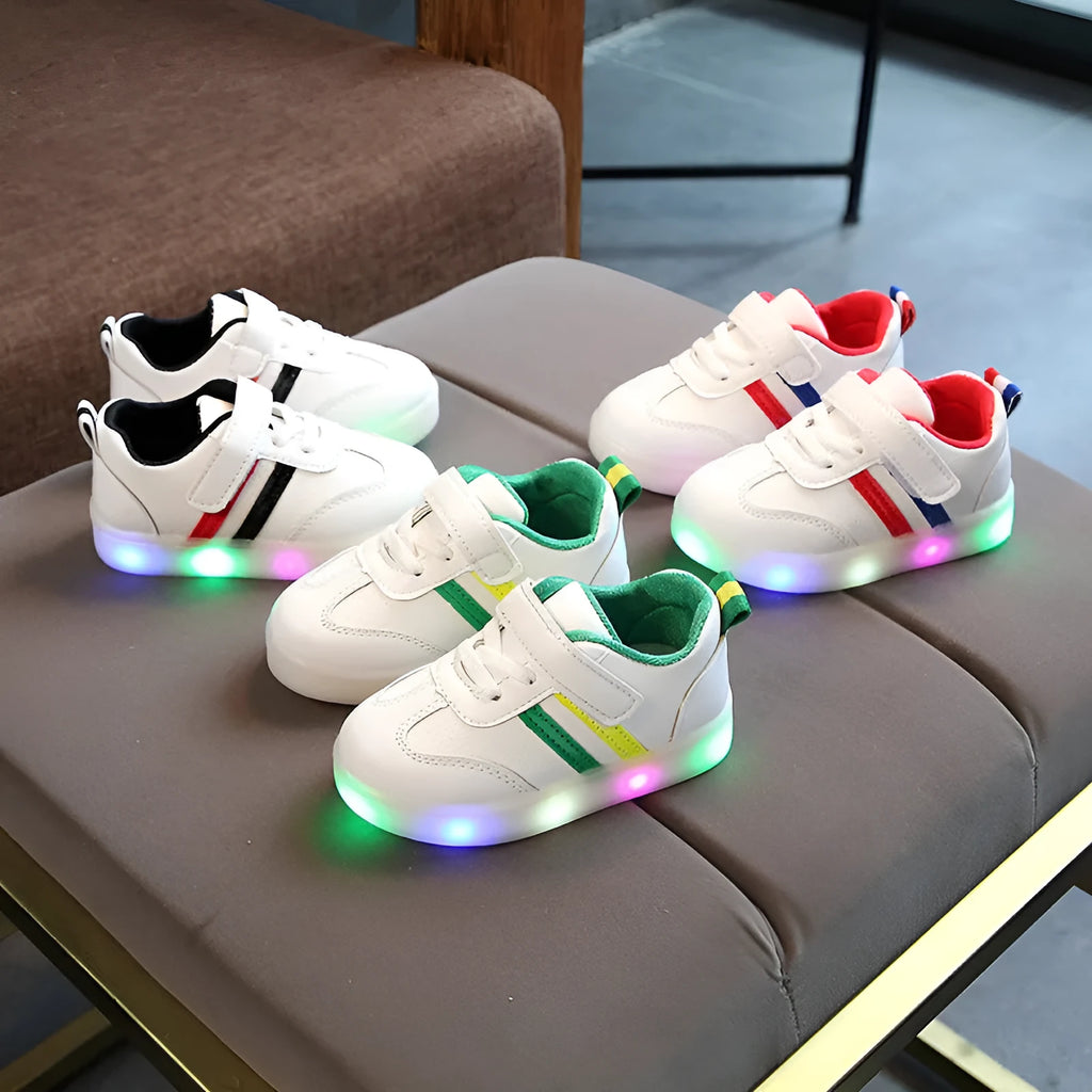 Kimmy White LED Sneakers in red, green, or black with Velcro strap and rubber sole, sizes 21-30