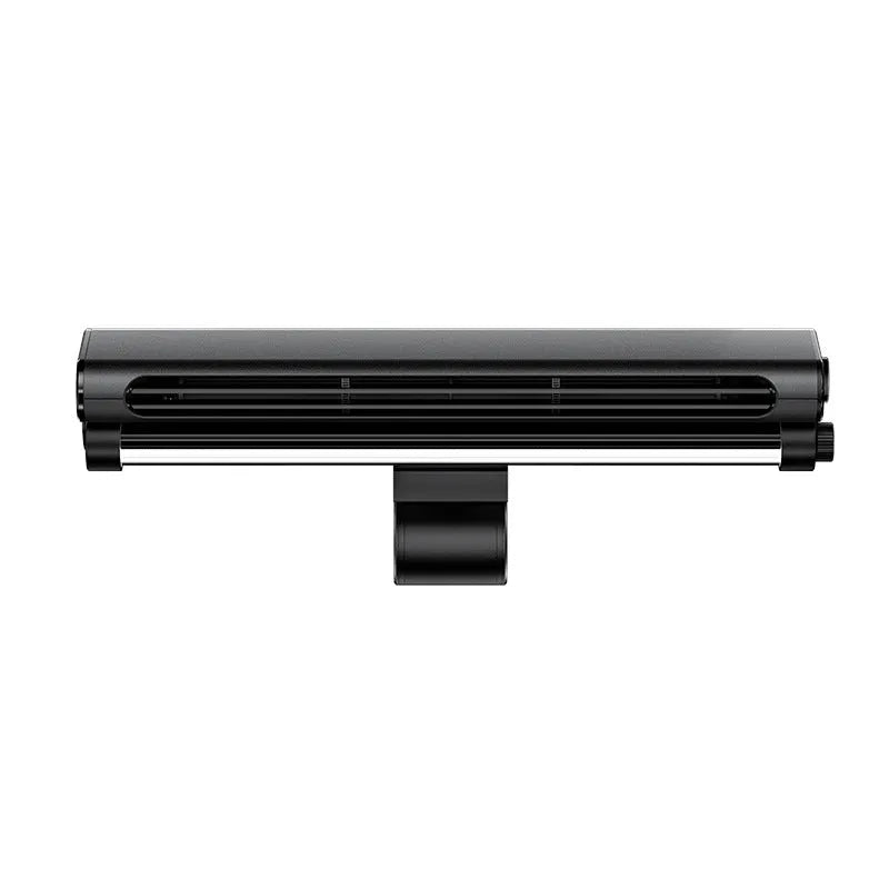 Black bladeless USB desk fan with clip-on screen attachment and adjustable LED lighting lamp