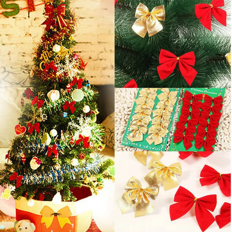 Red, gold, silver, and red gold 5 cm polyester Christmas tree bow ornaments.