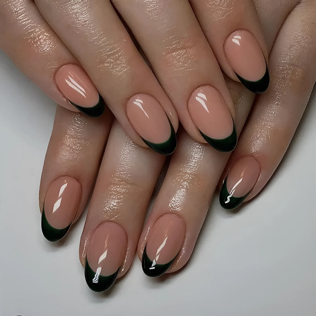 Black French style almond shaped short artificial nails 24 piece set for DIY manicure