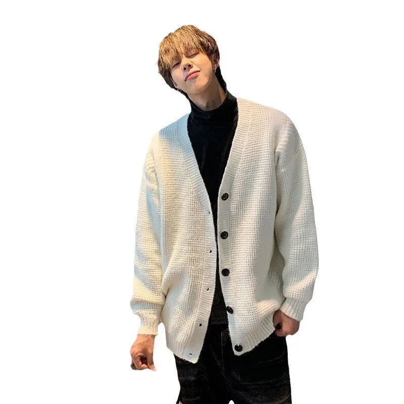 Retro loose fit men's V-neck knit cardigan in army green colour showing casual long sleeve design