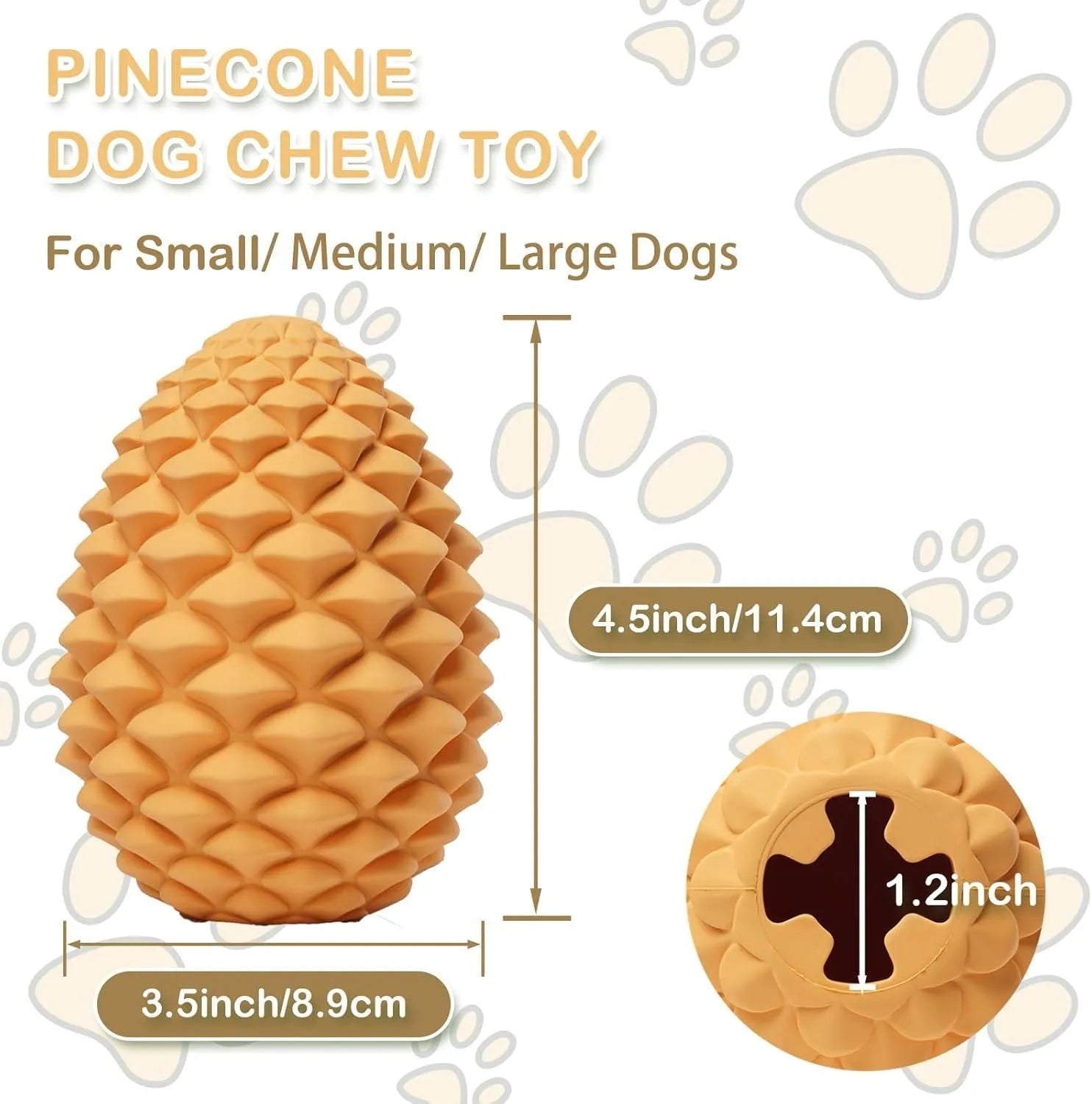 Yellow pine cone shaped natural rubber dog chew toy with treat dispenser