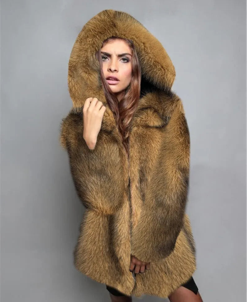 Loose mid-length silver gray artificial fur coat with regular sleeves for women