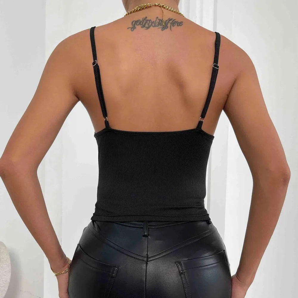 Black women's backless lace camisole tank top with slim fit and short 40cm length