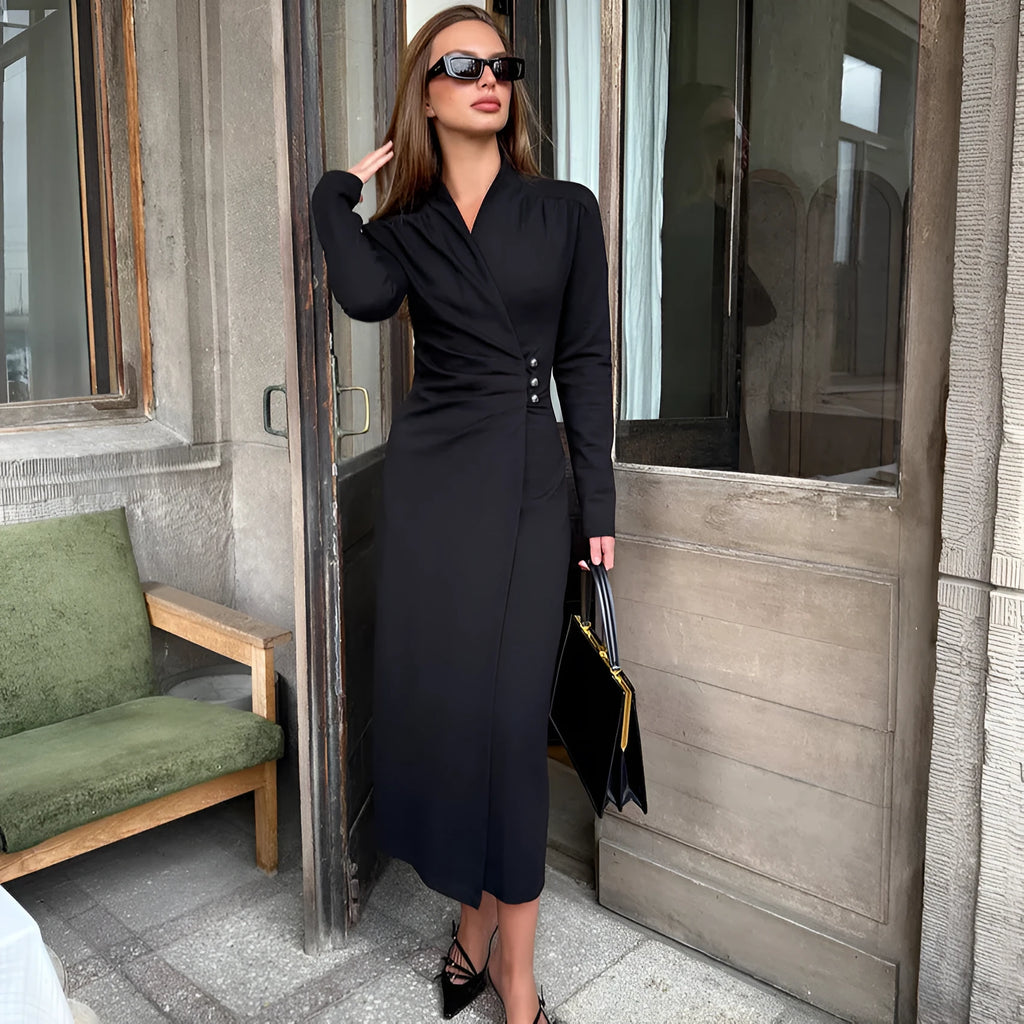Simple all-matching black long sleeve dress for women polyester hip skirt casual wear